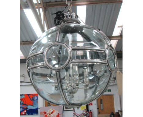 HANGING LAMP, globe style, with four branches in a chromed metal frame, 61cm H. 