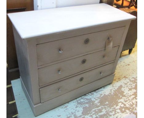 COMMODE, 19th century French, traditionally grey painted with three long drawers, 109cm x 47cm x 87cm H. 