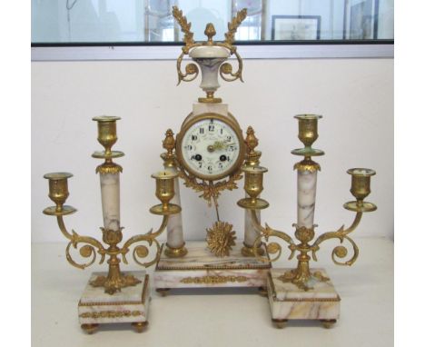 CLOCK GARNITURE, portico clock with French bell striking movement with marble and gilt metal mounts, with candelabra companio