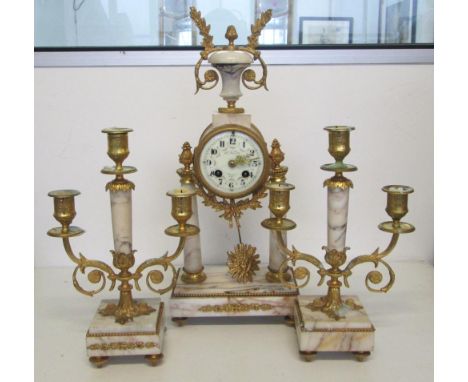 CLOCK GARNITURE, portico clock with French bell striking movement with marble and gilt metal mounts, with candelabra companio