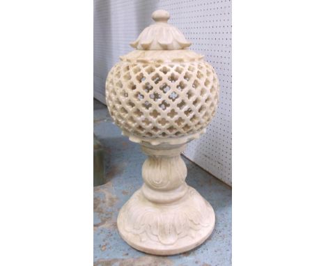 LAMP, Indian white marble of pierced trellis design with leaf cover, 59cm H x 29cm.