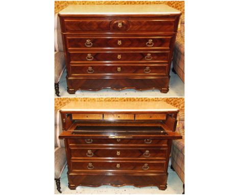 SECRETAIRE COMMODE, Napoleon III rosewood with white marble top above a fitted writing drawer and four further drawers, 99cm 