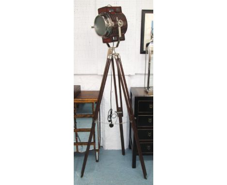TRIPOD LAMP, vintage style mahogany effect on adjustable legs, 190cm H.