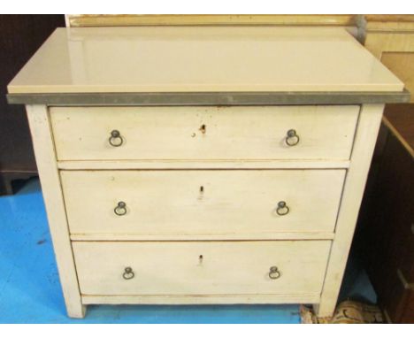 COMMODE, antique Swedish painted pine of three drawers with zinc top and additional modern cream marble top, 84cm H x 95cm x 