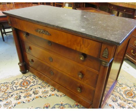 COMMODE, French Empire style cherrywood with a grey rectangular marble top and four long drawers below flanked by turned colu