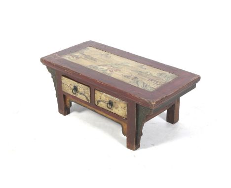 A 20th century Chinese style painted hardwood coffee table. With two drawers, the top decorated with a seascape. L77cm x D39c