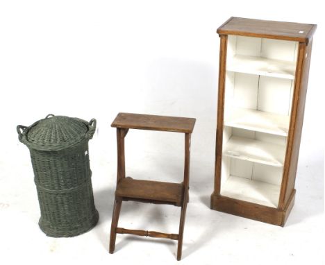 A small vintage set of folding wooden steps, a small pine book case and a green painted basket. The steps, H66cm (when folded