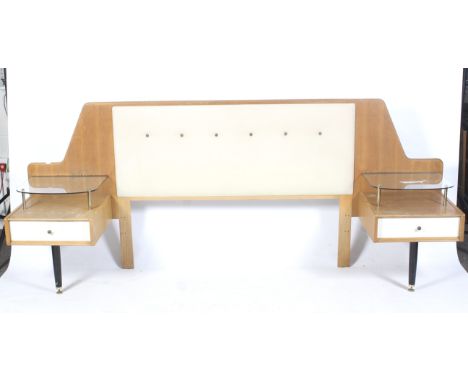 A vintage mid-century E Gomme G-Plan retro oak double bed headboard. Having a padded white leather button back central panel.