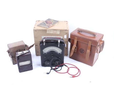 A vintage avometer and a mega meter. Comprising an Avo Ltd 'Universal Avo Meter', in a leather case, with the original box an