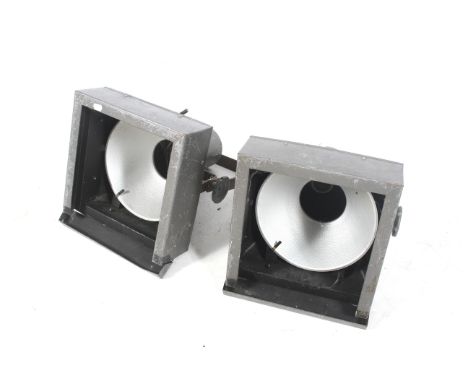 A pair of vintage Strand Electric theatre stage flood lights. Metal cased with adjustable bracket. L31cm x D31cm x H37cm