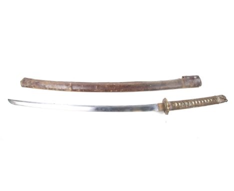 A WWII Japanese officer's sword, 'gunto'. The copper alloy pierced tsuba, menuki and fuchi kashira decorated with cherry blos