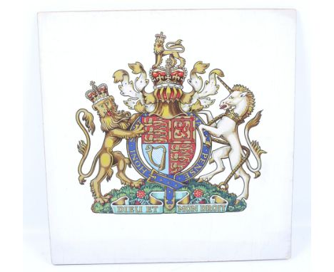 A vintage polychrome print of the Royal Coat of arms. Mounted on card, 28.5cm x 27.5cm