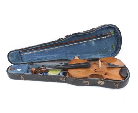 A vintage violin, bow and case. Unbranded. L60cm