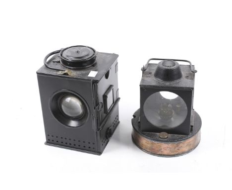 Two vintage square carriage lamps. Lacquered black, both with a swing handle, largest H22cm.