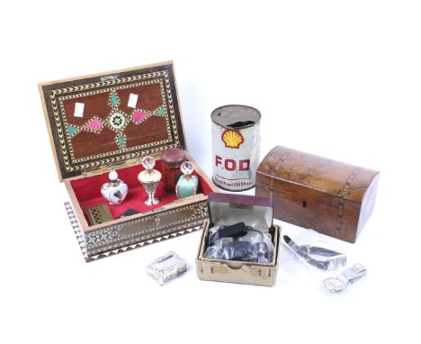 A group of assorted collectables. Including a dome top inlaid tea caddy, an inlaid Persian jewellery box, a Shell oil can, pe