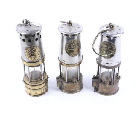 Three vintage miners lamps. Two marked GR6S, Eccles. Circa H26cm.