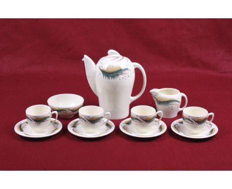 A circa 1950s Susie Cooper coffee set in the 'Bracken' pattern (p/n 2290). Including four cups and saucers, milk jug and suga