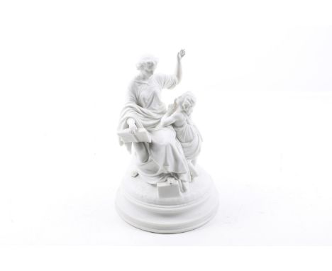 A contemporary figurine group in the Parian ware style. Possibly intended as a lamp base, featuring a woman and child reading