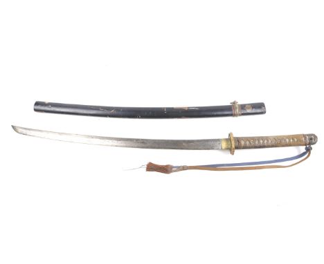 A WWII Japanese sword, 'katana'. The gilt copper alloy tsuba, menuki and kashira decorated with cherry blossom, the tang sign