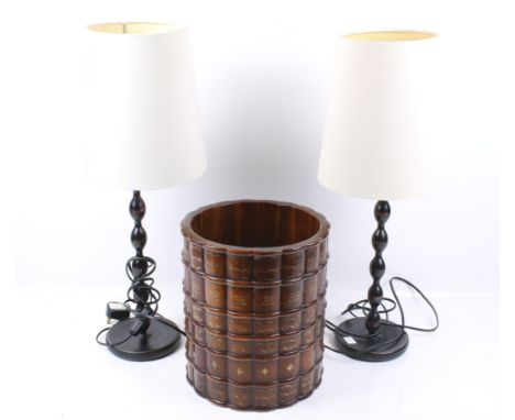 A Theodore Alexander hardwood wastepaper bin and a pair table lamps with shades. The bin of cylindrical form and designed to 