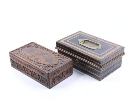 Two vintage boxes. Including a metal Worcester Ware documents box and a carved wood example. Largest H11cm x W28cm x D18cm