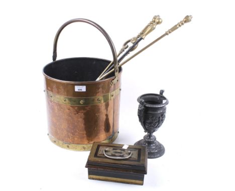 A group of vintage brass and copper items. Including a copper coal bucket, fireside implements and a gilt and lacquered metal