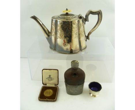 A LATE 19TH CENTURY LEATHER CASED GLASS HIP FLASK with pewter removable cup base, engraved with a long dog crest and inscribe