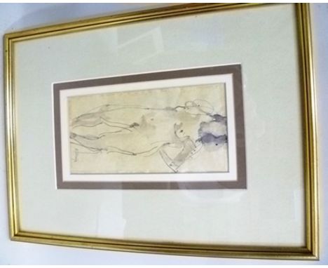 R**Z** Full length study of a female nude, Ink and wash, indistinctly signed, 19 x 10cm in moulded gilt glazed frame 