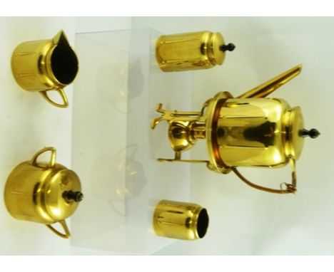 J N DAALDEROP & ZONEN AN EARLY 20TH CENTURY DUTCH ARTS AND CRAFTS BRASS SIX PIECE TEA SET comprising teapot, lidded sucrier, 