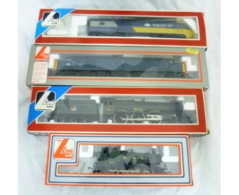 FOUR LIMA 00 GAUGE TWO RAIL PLASTIC LOCOMOTIVES , a GWR 0-6-0 TANK, and INTERCITY 125, a CO-BO DIESEL, a 4-6-0 KING CLASS, al