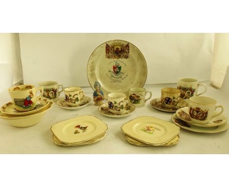 A ROYAL DOULTON BUNNYKINS TRIO, child's nursery ceramics, Royal commemorative china including; three 1897 cups and saucers, a