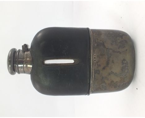 JAMES DIXON & SONS LTD. A VICTORIAN SILVER MOUNTED HIP FLASK, having hinged twist cover and removable silver cup base, with l