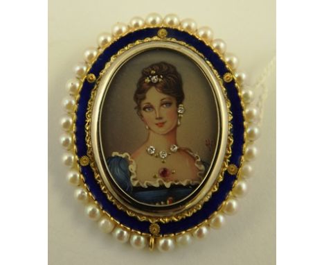 ITALIAN SCHOOL A 20TH CENTURY OVAL BROOCH/PENDANT containing a miniature head and shoulders of a young lady, the frame with b