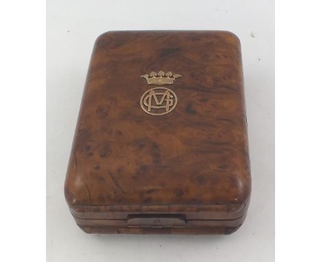 A LATE 19TH CENTURY BURR MAPLE CIGARETTE CASE of four hinged compartments, bears monogram below crown, possibly Russian or Sc