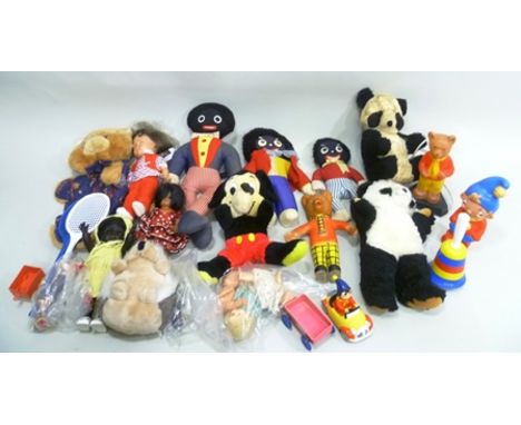 A QUANTITY OF DOLLS AND SOFT TOYS including; Gollies, Rupert the Bear lamp, assorted plastic dolls 