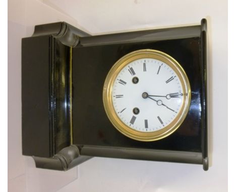A FRENCH BLACK LACQUER CASED MANTEL CLOCK having white enamel dial with Roman numerals, 28cm high (9.5cm dial) 