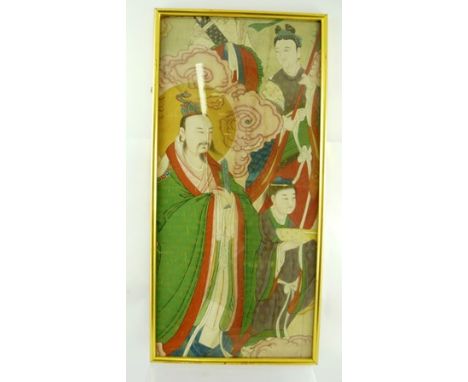 A CHINESE HAND PAINTED SCROLL FRAGMENT, depicting courtly figure with attendants, verso bears inscription "Part of 10'-3' scr