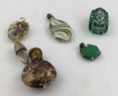 A VENETIAN GLASS SCENT BOTTLE of circular form with hinged brass cover and internal stopper 6cm, together with a small ART DE