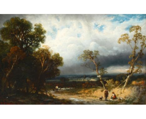 R F Mae (19th century English School), figures in storm-swept rural landscape, oil canvas laid on board, signed with original