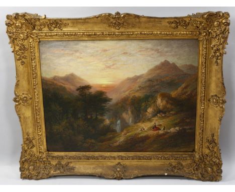 19th century oil on canvas, extensive sunset mountain landscape with goat herd playing pipes, unsigned, 45cm x 59cm, framed1 