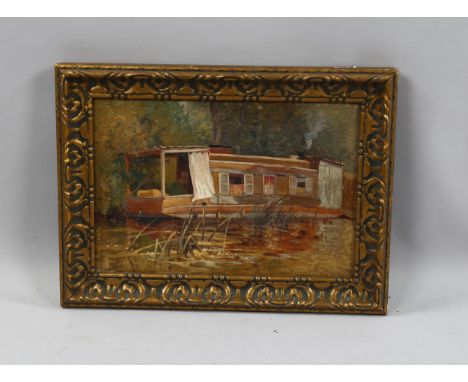 Paul Ellis (active 1882 - 1908), a moored barge, oil on canvas, 20cm x 30cm, framed1 small patch repair to the canvas not vis