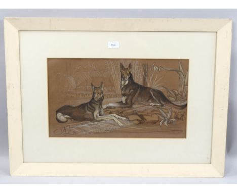 C J Parker, portrait of 2 Alsatians, charcoal/chalk on brown paper, signed and dated '39, 28cm x 48cm, framedGood condition 