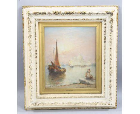 Arthur Joseph Meadows (1843 - 1907), the Giudecca Venice, oil on panel, signed and dated 1899, original label verso, 30cm x 2