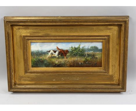 Heinemann, Gundogs and quail, oil on wood panel, signed with original label verso, 13cm x 35cm, framedGood untouched conditio