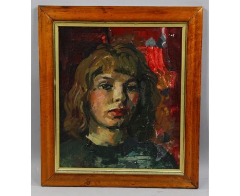 Mid-20th century portrait of a woman, oil on board, unsigned, 36cm x 30cm, framedGood condition 