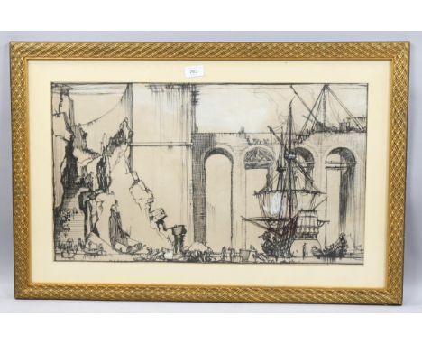 Sir Frank Brangwyn (1867 - 1956), The Bridge of Empire, ink/charcoal on paper, 37cm x 64cm, framedThe central patch of white 