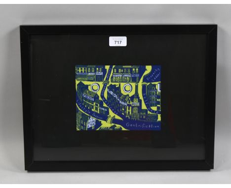 Grayson Perry, framed section of Gentrification cloth, fabric 19 x 14.5cm, framedGood condition 
