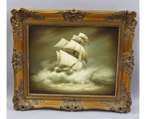 R H Dean, tall ship in a storm, contemporary oil on canvas, signed, 41cm x 50cm, framedVery good condition 