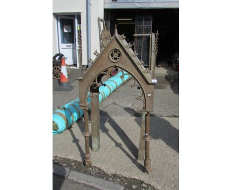 A large 19th century ecclesiastical brass tabernacle canopy, with gothic spire finials and pierced awning frieze, 150cm high,