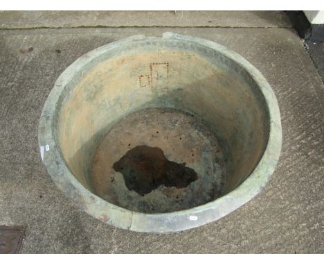 A substantial and impressive weathered antique studded copper hopper / cauldron with flared rim and riveted finish (later dri